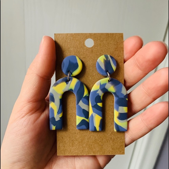 Blue & Yellow Swirls - Polymer Clay Earrings - Picture 4 of 6